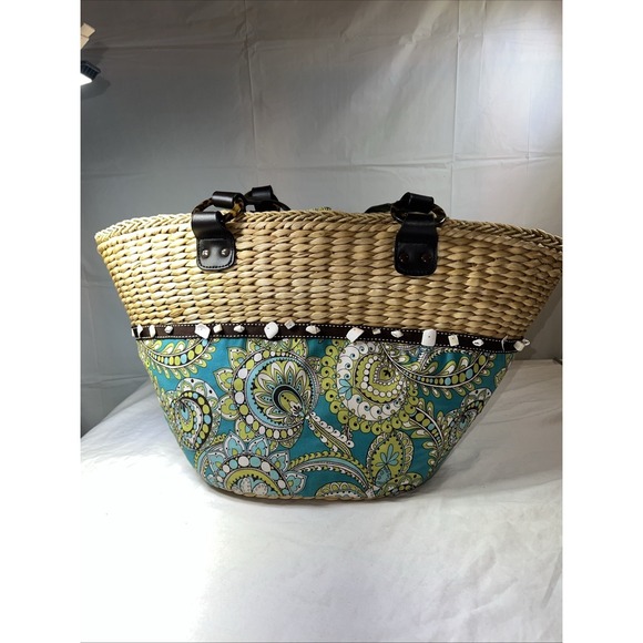 Vera Bradley Handbags - Vera Bradley Peacock Blue Green Floral Wicker Tote Bag Large Mod Straw Shopper
